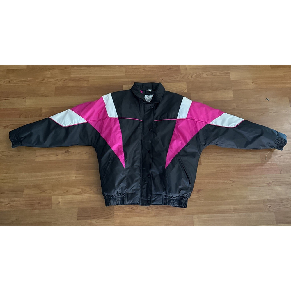 Color Block Coat 1990s 1980s Jacket Puffer Black Hot Pink Medium Vtg Multi